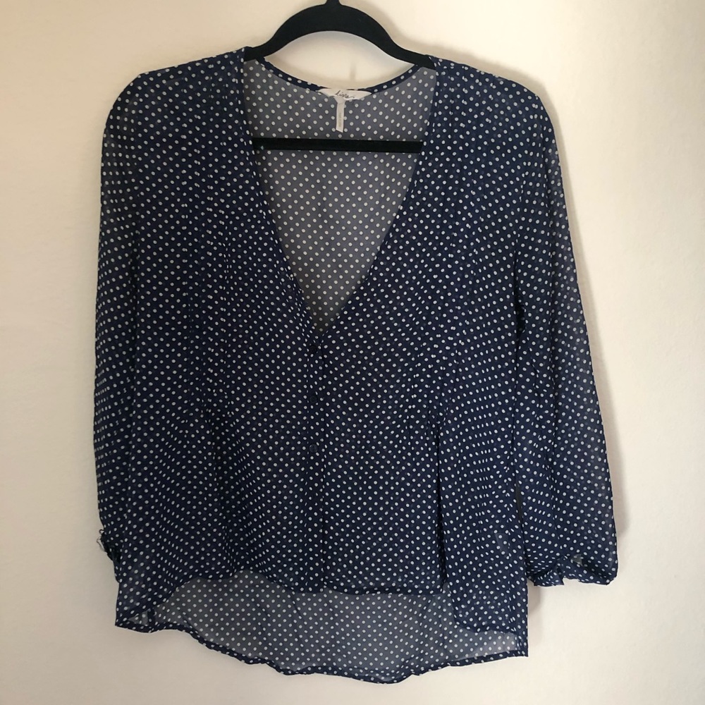 Chiffon work blouse, blue and white polka dots